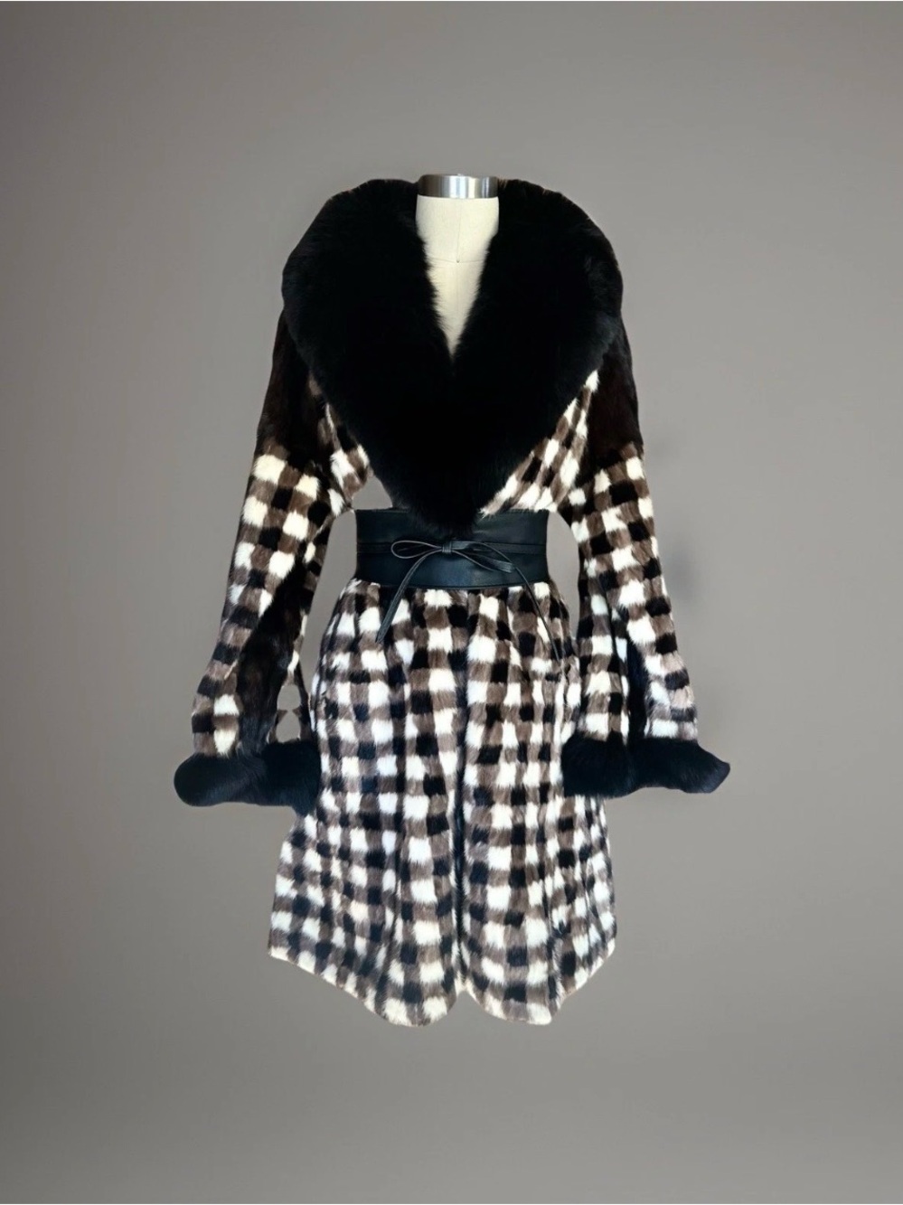 GORGEOUS ONE OF A KIND CHECKERED REAL MINK & FLUFFY BLACK FOX FUR STROLLER COAT